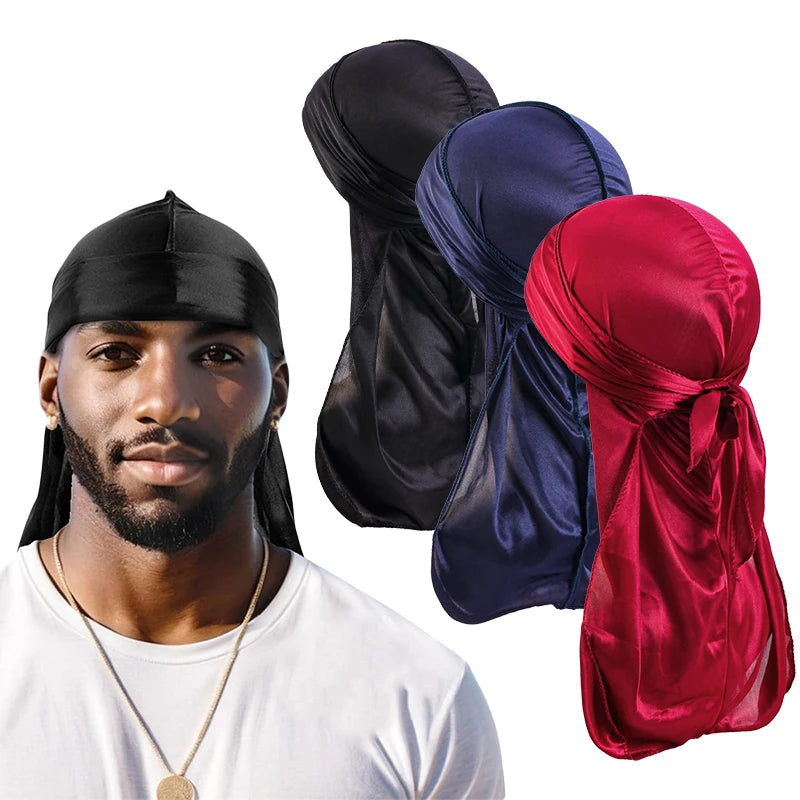3PCS/LOT Long Durag Silk Satin Bandanas Cap Turban Hat Wigs Biker Headwrap Chemo Cap Pirate Hat Men Women Hair Accessories
