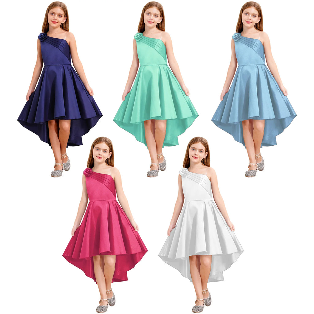 Kids Girls One Shoulder Party Dress Princess Wedding Birthday Party Formal Gown Pageant Banquet Graduation Ball Prom Dance Dress